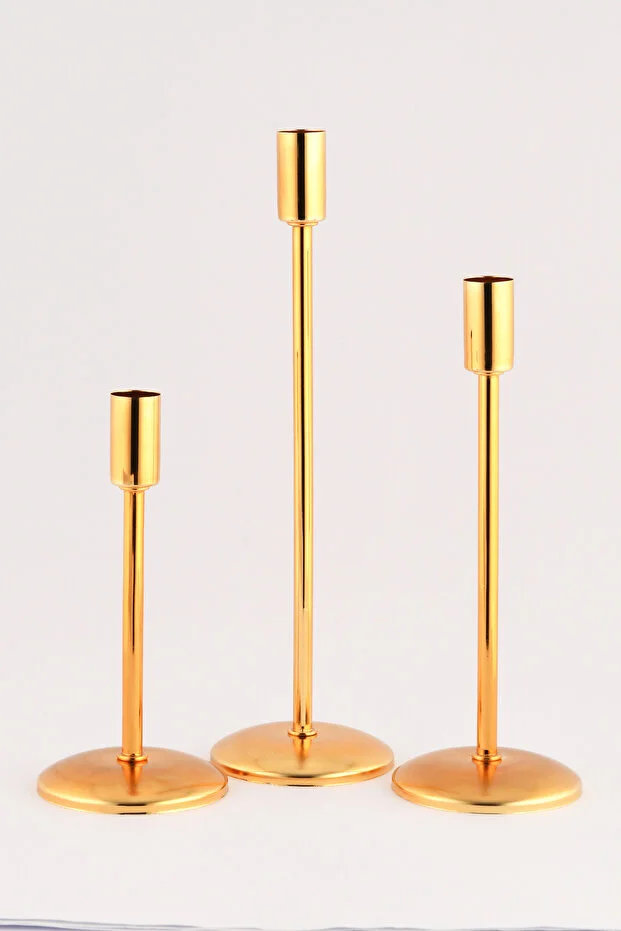 Gianno Dekoratif Düz Tij Mumluk 3 Lü Takım Gold-Gümüş